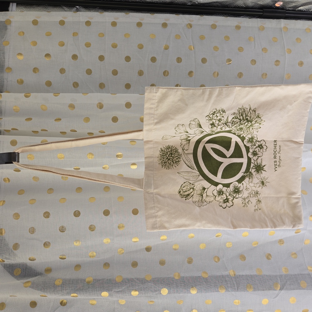 Yves Rocher Cream Canvas Tote With Olive Green Floral Print